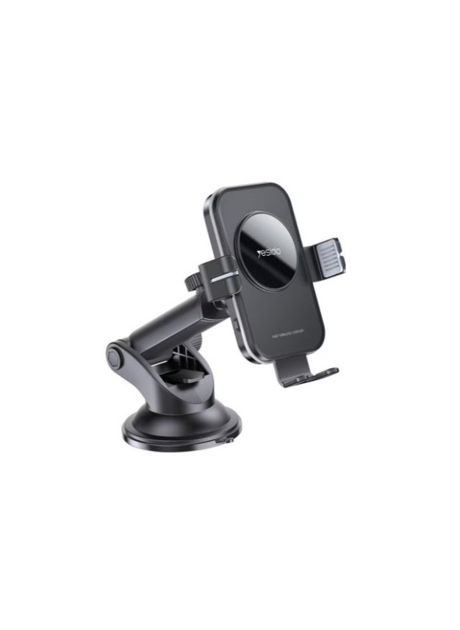 Fast Wireless Car Phone Holder with Charging  15W  360 Rotation  Suction Cup and Vent Clip Mounting  Yesido C118 - Black