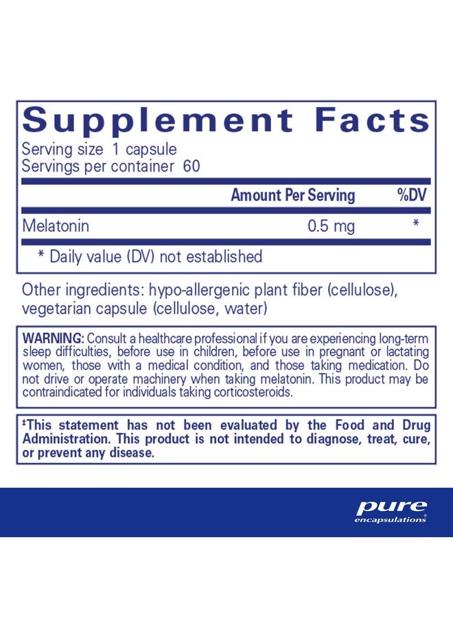 Pure Encapsulations Melatonin 0.5 mg - Natural Sleep Helper for Bedtime - Regulates Sleep-Wake Cycle - 0.5 mg Melatonin - Sleep Supplement* - Vegan & Non-GMO - 60 Capsules