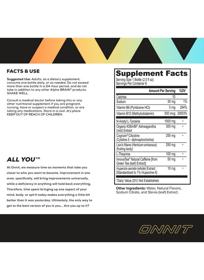 ONNIT Alpha Brain Focus Energy Shot Supplement - Energy, Focus, Mood, Stress, Brain Booster Drink - Peach (2.5 fl oz, 6 ct)