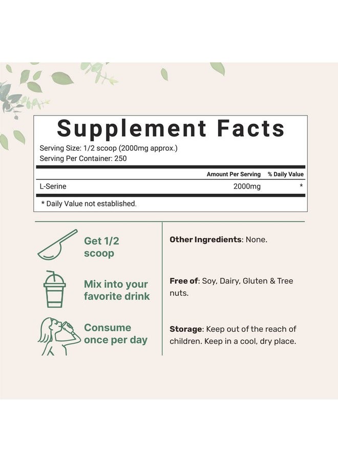 Pure L Serine Powder, 500 Grams (250 Day Supply), Filler Free, Supports Production of L-Cystine & L-Tryptophan for Brain Health, Water Soluble, No GMOs, No Gluten