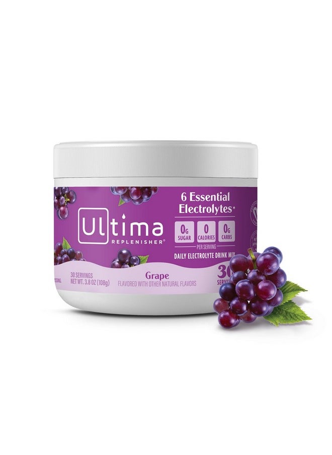 Ultima Replenisher Daily Electrolyte Drink Mix - Grape, 30 Servings - Hydration Powder with 6 Key Electrolytes & Trace Minerals - Keto Friendly, Vegan, Non- GMO & Sugar-Free Electrolyte Powder