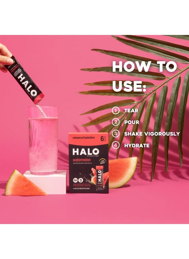 Halo Hydration - Electrolyte Drink Mix | Hydration Powder Packets | Watermelon Flavor - for Sports and Cycling | Easy Open Single Serving Stick (6 Pack)