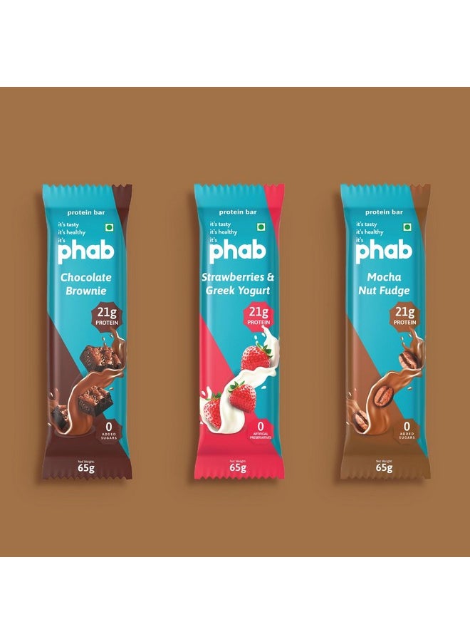 Phab Assorted (Chocolate Brownie, Mocha Nut Fudge, Strawberries & Greek Yogurt) 21G Protein Bars (Pack Of 6), Fitness & Immunity With Goodness Of Dates-390 Gram