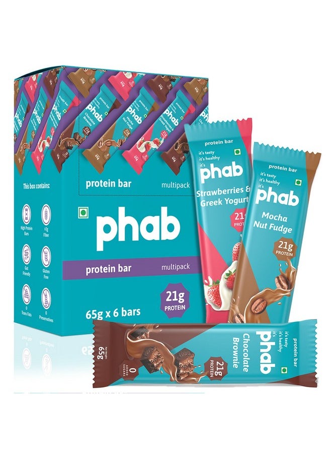 Phab Assorted (Chocolate Brownie, Mocha Nut Fudge, Strawberries & Greek Yogurt) 21G Protein Bars (Pack Of 6), Fitness & Immunity With Goodness Of Dates-390 Gram