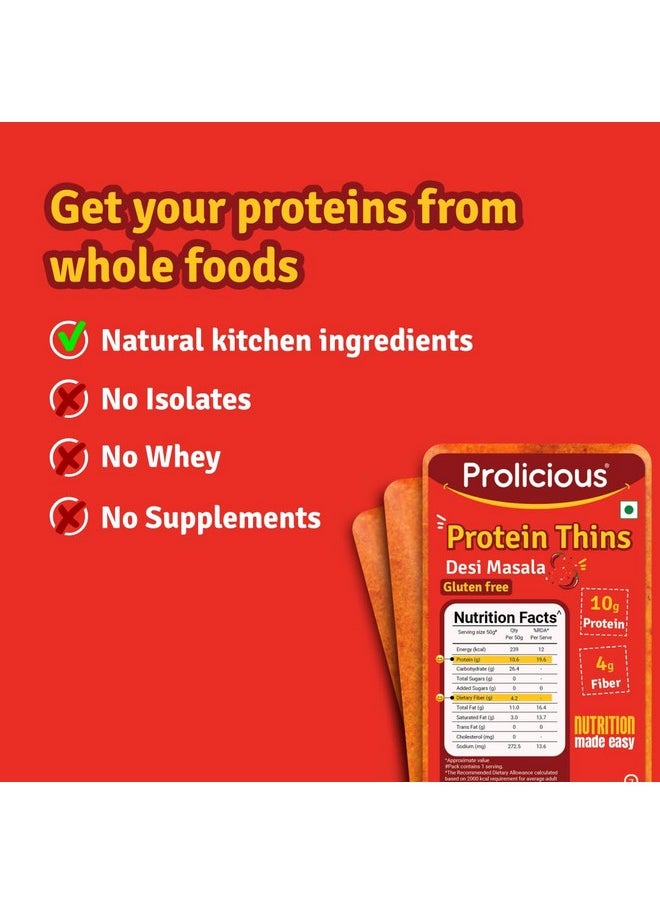 Prolicious 2X Protein Thins Combo | NO Palm Oil | Wheat Crisps | Methi, Pani-Puri, Garlic Bread (2), Peri-Peri, Masala Noodles, Desi Masala Thins (50g each, Pack of 7)