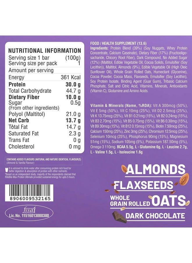 RiteBite Max Protein Ultimate Choco Almond Protein Bars With 30G Protein, 10G Fiber & 21 Vit. & Minerals | 0 Added Sugar, No Cholesterol & Trans Fat For Upto 5H Of Energy, 100G (Pack Of 3), 300 Gram
