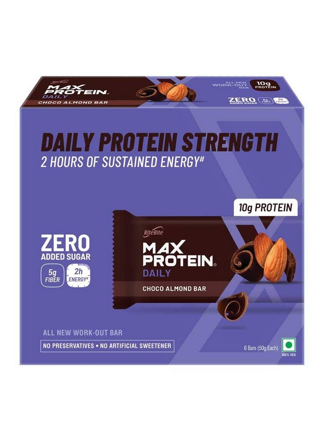 RiteBite Max Protein Daily Choco Almond Protein Bars with 10g Protein, 5g Fiber & 21 Vit. & Minerals | 0 Added Sugar, No Cholesterol & Trans Fat For Upto 2h of Energy, Healthy Snack, 50g (Pack of 6)