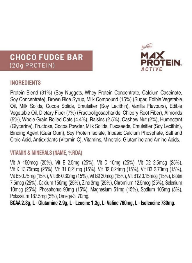 RiteBite Max Protein Active Choco Fudge Protein Bars with 20g Protein, 5g Fiber & 21 Vit. & Minerals | No Cholesterol & Trans Fat For Upto 4h of Energy, Healthy Snack, 75g (Pack of 6)