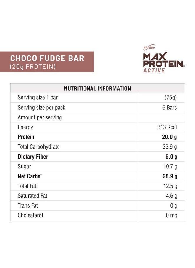 RiteBite Max Protein Active Choco Fudge Protein Bars with 20g Protein, 5g Fiber & 21 Vit. & Minerals | No Cholesterol & Trans Fat For Upto 4h of Energy, Healthy Snack, 75g (Pack of 6)