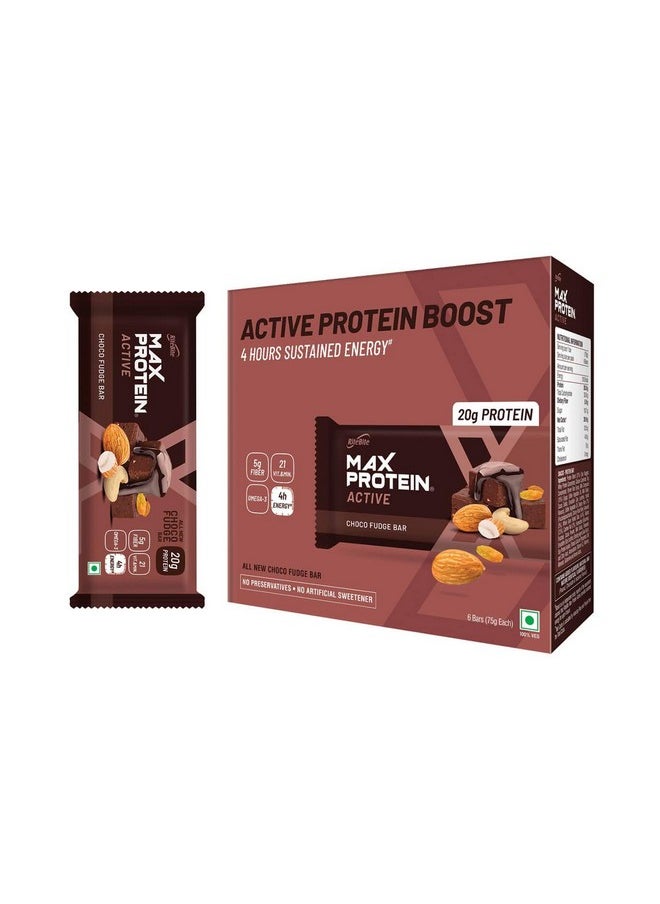 RiteBite Max Protein Active Choco Fudge Protein Bars with 20g Protein, 5g Fiber & 21 Vit. & Minerals | No Cholesterol & Trans Fat For Upto 4h of Energy, Healthy Snack, 75g (Pack of 6)