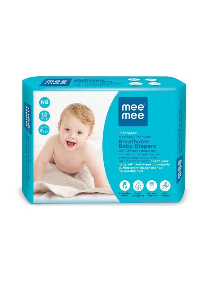 Premium Breathable (Nb) Size Baby Taped Diapers 12 Pcs, 5 Kgs For 0-1 Years, Super Absorbent, Cotton Soft With Wetness Indicator For New Born Babies/Infants With Protection Upto 12 Hrs