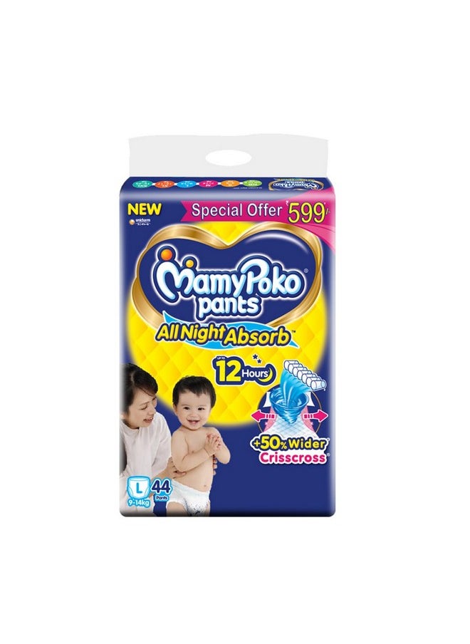 Pants All Night Absorb Baby Diapers, Large (L), 44 Count 9-14 Kg