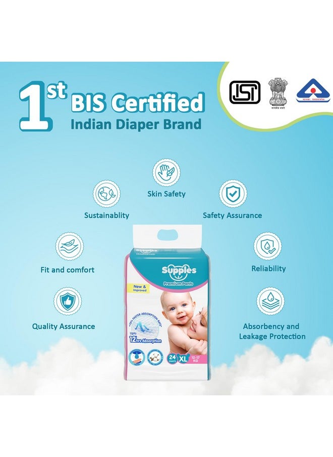 Brand - Supples Premium Diapers, X-Large (Xl), 24 Count, 12-17 Kg, 12 Hrs Absorption Baby Diaper Pants