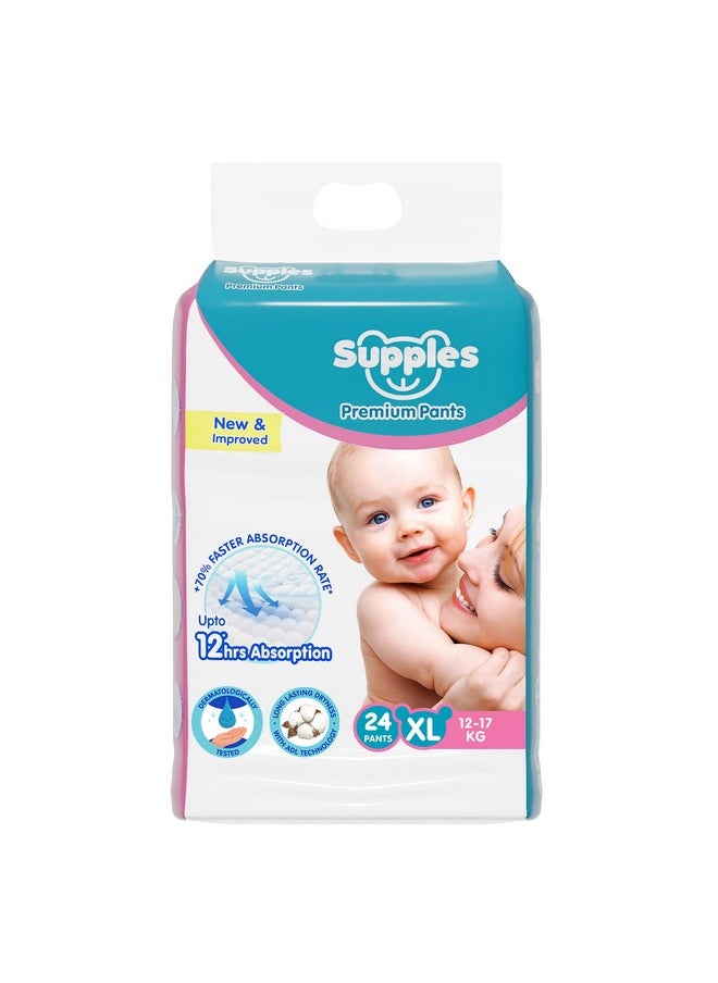 Brand - Supples Premium Diapers, X-Large (Xl), 24 Count, 12-17 Kg, 12 Hrs Absorption Baby Diaper Pants