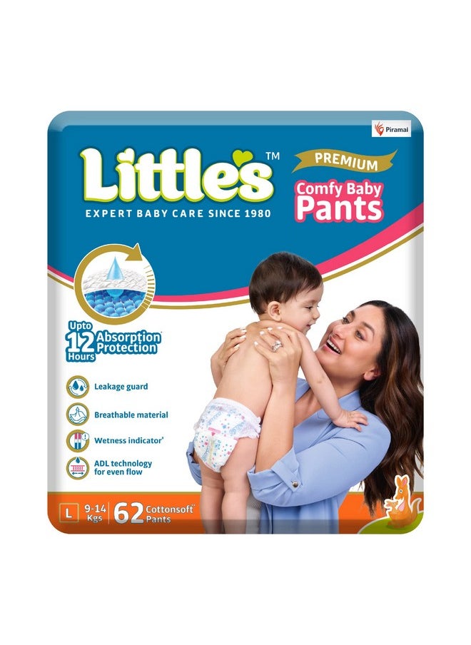 Baby Diapers L Size (Large) Pants Style | 9-14 Kg | 62 Count - Pack Of 1 | Super Jumbo Baby Diaper With Leakage Guard, Wetness Indicator & 12 Hours Absorption