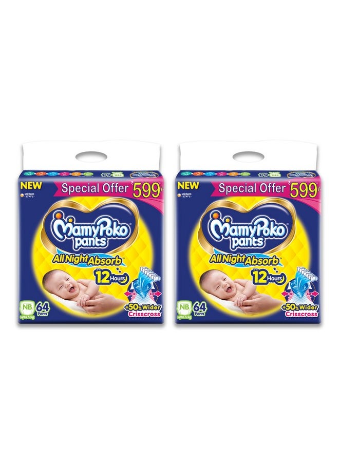 Pants All Night Absorb Baby Diapers, New Born/X-Small (Nb/Xs), 64 Count Per Pack, Upto 5Kg, Pack Of 2 (128 Count)