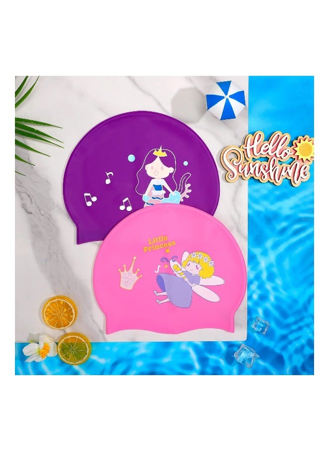 2 Pcs Kids Swimming Cap Silicone Waterproof Swim Cap Comfortable Swimming Hat for Long and Short Hair Age 5-14 Kids Children Boys Girls Bathing Accessories