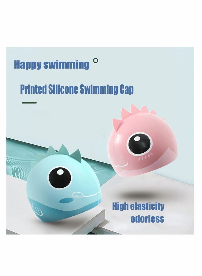 Kids Swim Cap, 2 Pcs Silicone Swimming Caps for Boys Girls Cover Ears Waterproof Bathing Cap Cartoon Swimming Hat