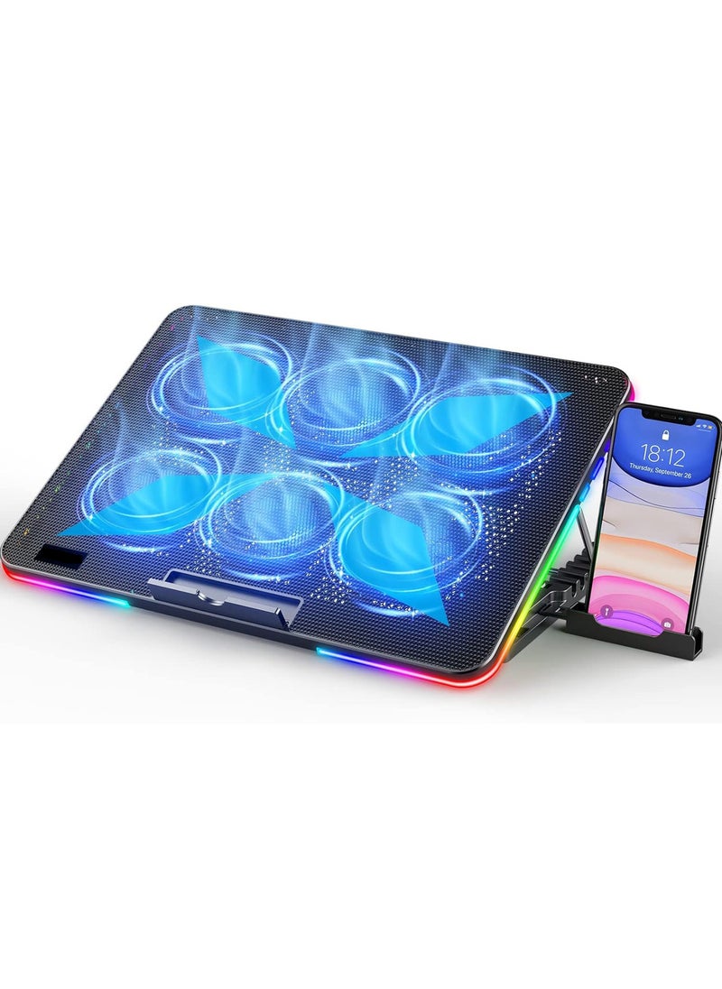 Laptop Cooling Pad, Laptop Cooler with 6 Quiet Fans for 15.6-17 Inch Gaming Fan Stable Stand, 7 Height Adjust, RGB Light 10 Modes, Switch Control Fan Speed, 2 USB Port & Phone Holder