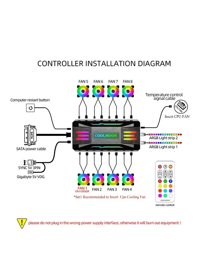 PWM Fan Temperature Controller Integrator Remote Control Computer RGB Light Adapter 8x4Pin Fan Speed Controller Ports 10 5V ARGB Ports with Magnet