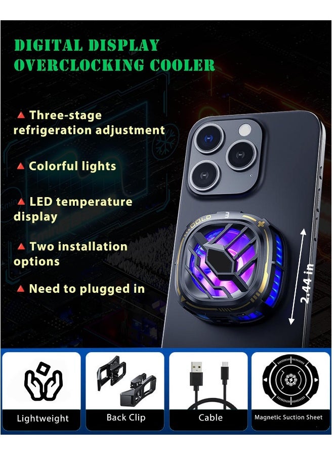 Magnetic Phone Cooler - Portable Lightweight RGB Mobile Phone Cooling Fan, Phone Radiator with Temperature Display for Mobile Gaming,Tiktok Live Streaming