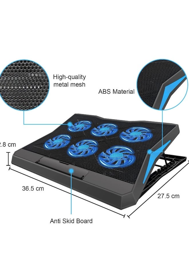 Laptop Cooling Pad, 2022 Upgrade Laptop Cooler Pad with 6 Cooling Fans, 6 Adjustable Height Stands, USB Powered Chill Mat for 11-15.6 Inch Laptops Blue LED Lights