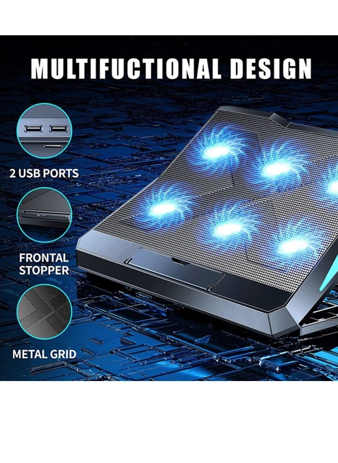 Laptop Cooling Pad, 2022 Upgrade Laptop Cooler Pad with 6 Cooling Fans, 6 Adjustable Height Stands, USB Powered Chill Mat for 11-15.6 Inch Laptops Blue LED Lights