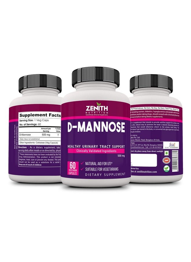 Zenith Nutrition D-Mannose 500 mg, Supports Urinary Tract - 120 veg capsules (60 capsules X 2 Bottles) | Lab tested