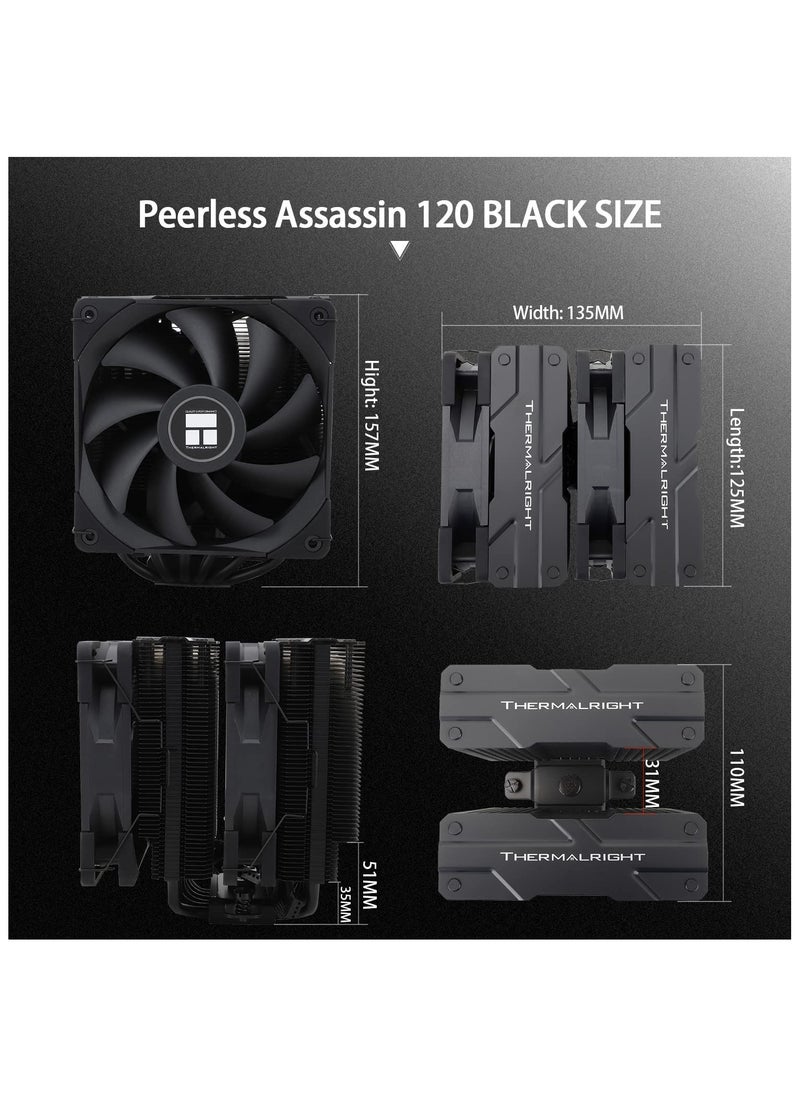 Peerless Assassin 120 Black CPU Air Cooler, 6 Heat Pipes,TL-C12B PWM Fan, Aluminium Heatsink Cover, AGHP Technology, for AMD AM4/AM5/Intel LGA 1700/1150/1151/1200/2066/2011 PA120 Black