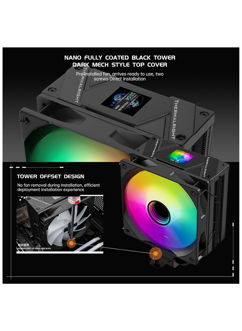 Assassin Spirit 120 Vision Black ARGB CPU Air Cooler with 1.54in IPS Display, 120mm PWM Fan, Support Intel lga1700/1150/1151/1200/1851, AMD AM4/AM5