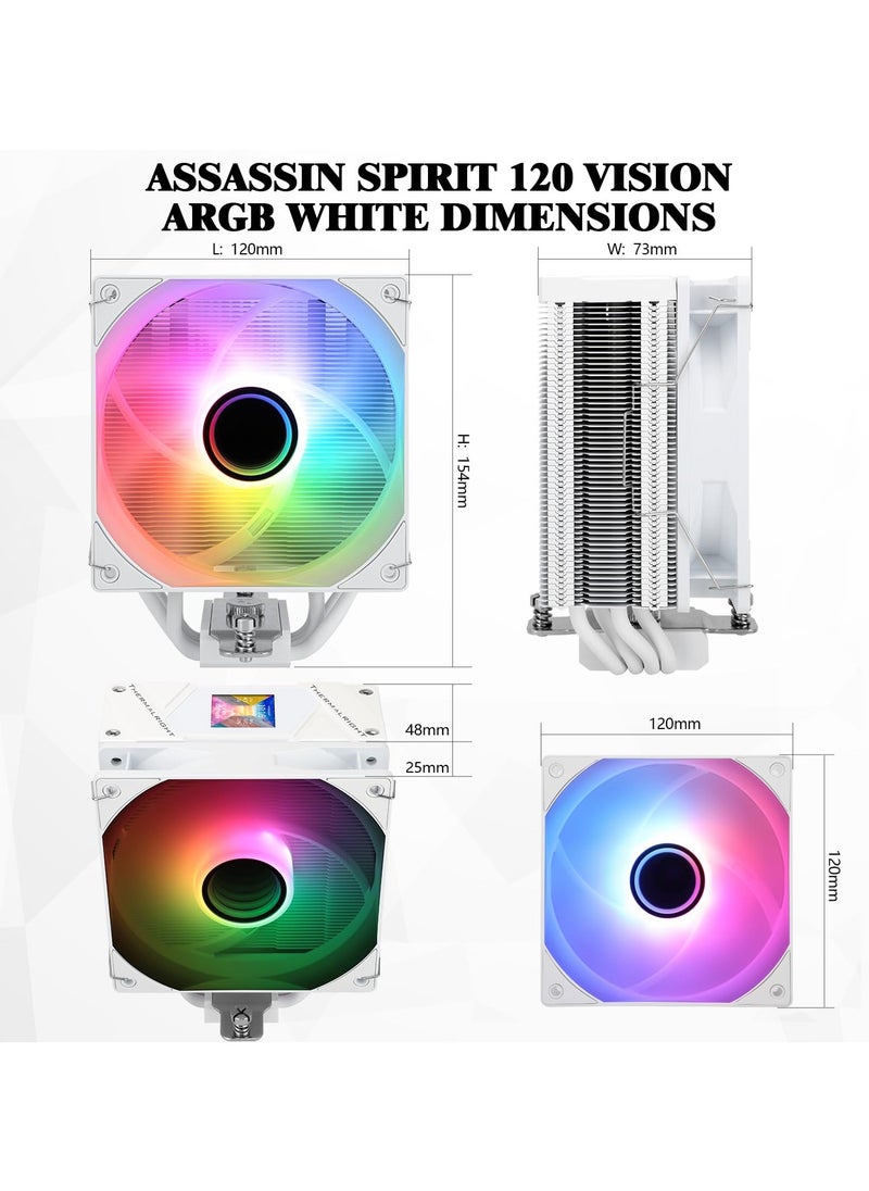 Assassin Spirit 120 Vision ARGB White,with White Top Cover,CPU Air Cooler, PC Cooling, 240 * 240 Resolving Power IPS LCD Screen,Editable,with 1.54in for Intel lga1851/1700/115X,AM4/AM5