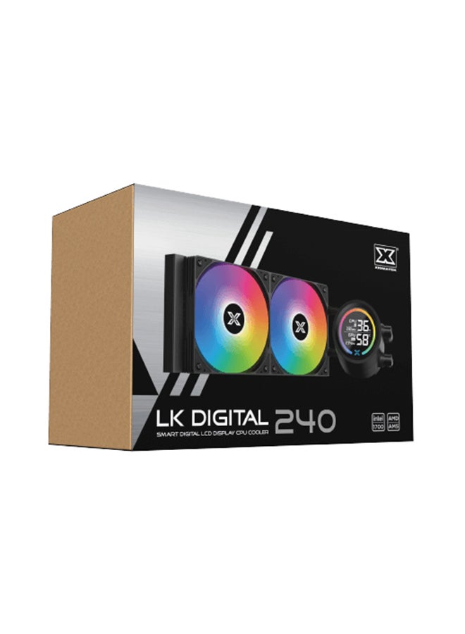 LK 240 Digital AIO Liquid Cooler – 240mm Aluminum Radiator, PWM ARGB Fans, Digital LCD Display, Intel LGA 18XX/1700/1200/115X & AMD AM5/AM4 Support, 330mm Black Sleeved Tubes, Ceramic Bearing Pump (600-3000 RPM), 280W TDP, Ultra-Quiet ≤15dBA, 12V DC, EN45929 Black