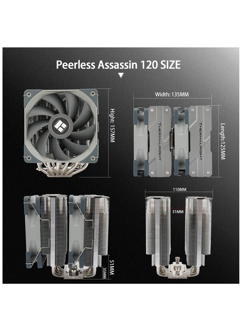 Peerless Assassin 120 CPU Air Cooler, 6 Heatpipes,Dual 120mm TL-C12 PWM Fan, Aluminium Heatsink Cover, AGHP Technology, for AMD AM4 AM5/Intel 1700/1150/1151/1200/2066/2011