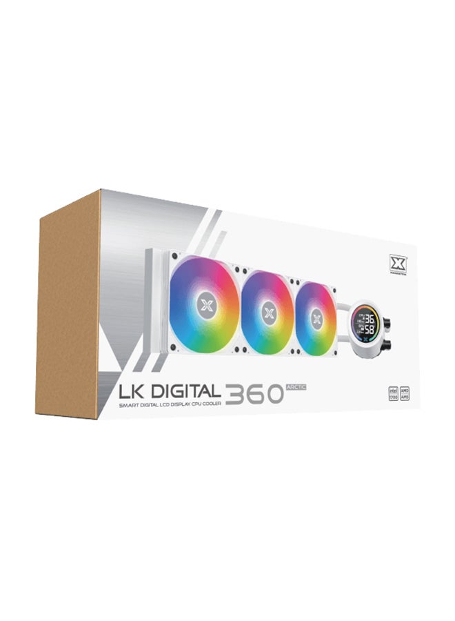 LK 360 Digital Arctic 360mm AIO Liquid Cooler - Aluminum Radiator, Digital LCD Pump (Ceramic Bearing), 3x 120mm PWM Fans with Addressable RGB, 400mm Sleeved Tubes, Intel LGA 18XX/1700/1200/115X & AMD AM5/AM4, 320W TDP, 600-3000 RPM, 82.8 CFM, ≤15dBA Noise, EN45912 White