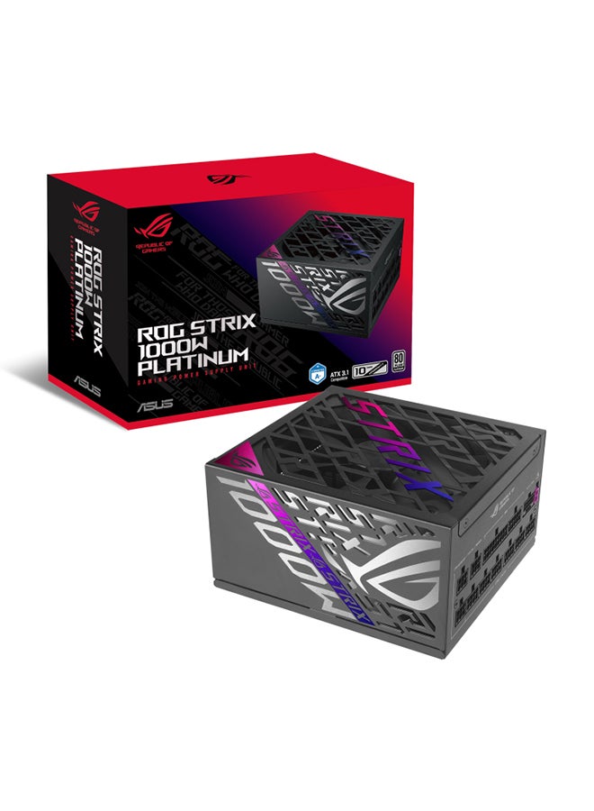ROG Strix 1000W Platinum ATX Power Supply, 80 Plus Platinum Efficiency, Active PFC, ATX 3.1, GaN MOSFET, 120,000+ Hours MTBF, 0dB Fan Technology, Overload Protection, PCI-E Gen 5 16-Pin, 6x SATA, 4x PCI-E 6+2-Pin, Dual 4+4-Pin CPU Cables, ROHS Compliant, A+ Noise Certification 90YE00W1-B0NA00 Black
