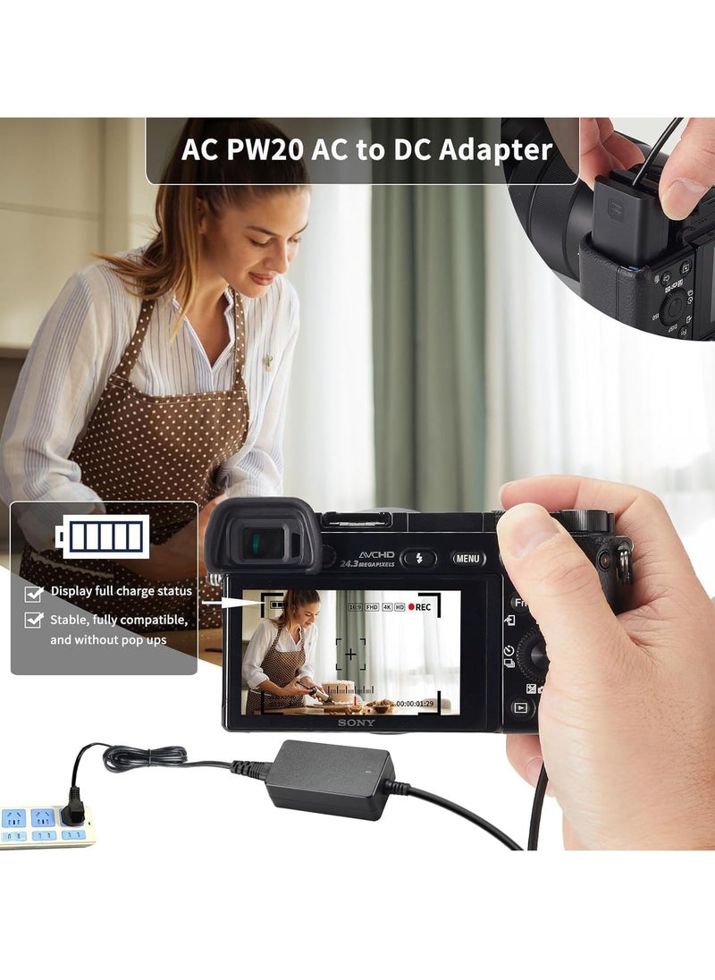 AC PW20 Power Supply Adapter & NP-FW50 Dummy Battery Kit for Sony Alpha Cameras – Compatible with A6500, A6400, A6300, A6100, A6000, A5100, A7 Series, RX10, ZV-E10 – Continuous Power for Photography and Videography