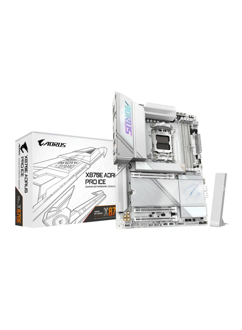 X870E AORUS PRO ICE ATX Motherboard for AMD Ryzen 9000/8000/7000 Series, Socket AM5, PCIe 5.0 x16, DDR5 (Up to 8200 MHz OC), 4 x M.2 Slots, 256GB Capacity, 2.5GbE LAN, Wi-Fi 7, USB4 (2x Type-C, DP), HDMI 2.1, Realtek ALC1220 Audio, 7.1-Channel Audio, RGB, Advanced Cooling (VRM Thermal Armor, M.2 Thermal Guard), EZ-Latch Plus, PCIe Armor, Smart Fan Control, Q-Flash Plus, RAID Support, and High-Durability Design | X870E AORUS PRO ICE White