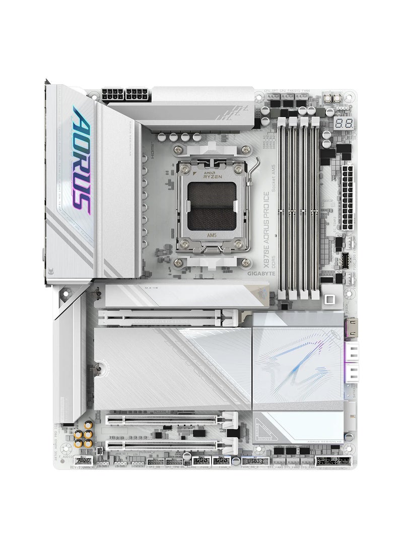 X870E AORUS PRO ICE ATX Motherboard for AMD Ryzen 9000/8000/7000 Series, Socket AM5, PCIe 5.0 x16, DDR5 (Up to 8200 MHz OC), 4 x M.2 Slots, 256GB Capacity, 2.5GbE LAN, Wi-Fi 7, USB4 (2x Type-C, DP), HDMI 2.1, Realtek ALC1220 Audio, 7.1-Channel Audio, RGB, Advanced Cooling (VRM Thermal Armor, M.2 Thermal Guard), EZ-Latch Plus, PCIe Armor, Smart Fan Control, Q-Flash Plus, RAID Support, and High-Durability Design | X870E AORUS PRO ICE White