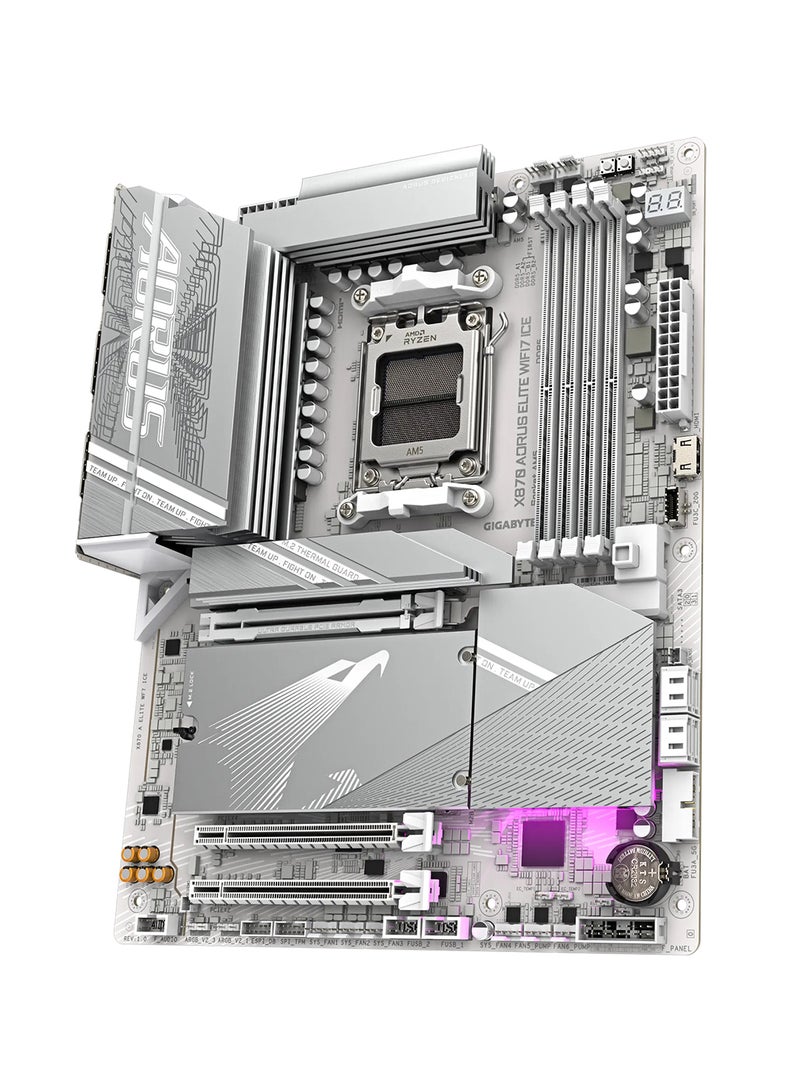 X870 AORUS ELITE WIFI7 ICE ATX Motherboard, AMD Socket AM5, Supports Ryzen™ 9000/8000/7000 Series, PCIe 5.0, 16+2+2 Phases VRM, 4x DDR5 DIMM (Up to 256GB), Wi-Fi 7 with 2.5GbE LAN, 4x M.2 Slots, USB4, HDMI 2.1, Realtek ALC1220 Audio, RGB Support, EZ-Latch Plus, M.2 Thermal Guard, Advanced Thermal Armor, EZ-Plug for Wi-Fi Antenna, Smart Fan & Water Cooling Control, Q-Flash Plus, Dual USB-C, Quad-Display Support, RAIDXpert Storage, and AMD EXPO/XMP Overclocking | X870 AORUS ELITE WIFI7 ICE White