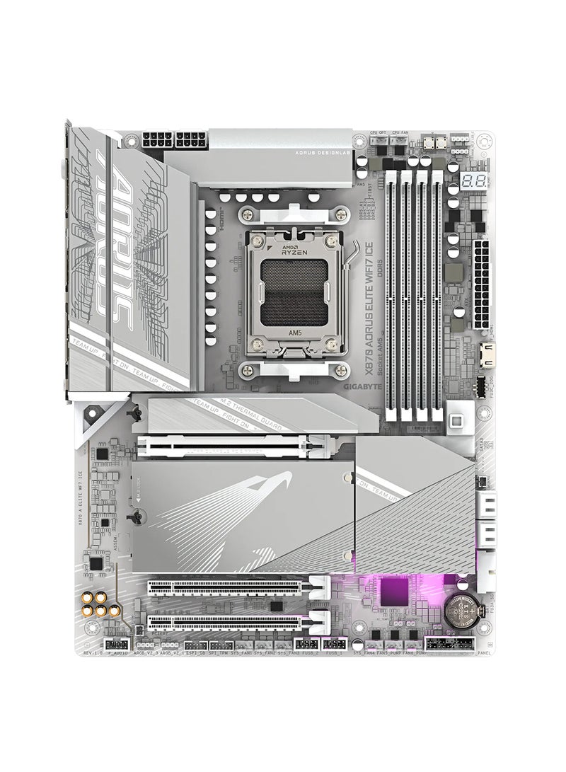 X870 AORUS ELITE WIFI7 ICE ATX Motherboard, AMD Socket AM5, Supports Ryzen™ 9000/8000/7000 Series, PCIe 5.0, 16+2+2 Phases VRM, 4x DDR5 DIMM (Up to 256GB), Wi-Fi 7 with 2.5GbE LAN, 4x M.2 Slots, USB4, HDMI 2.1, Realtek ALC1220 Audio, RGB Support, EZ-Latch Plus, M.2 Thermal Guard, Advanced Thermal Armor, EZ-Plug for Wi-Fi Antenna, Smart Fan & Water Cooling Control, Q-Flash Plus, Dual USB-C, Quad-Display Support, RAIDXpert Storage, and AMD EXPO/XMP Overclocking | X870 AORUS ELITE WIFI7 ICE White