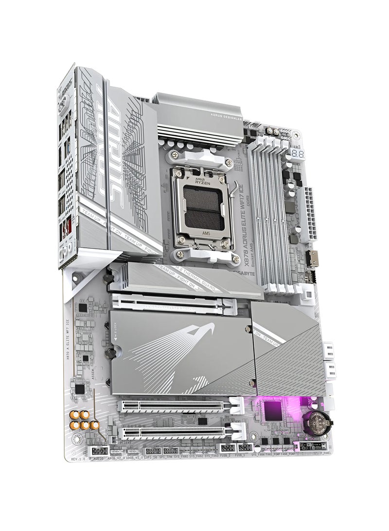 X870 AORUS ELITE WIFI7 ICE ATX Motherboard, AMD Socket AM5, Supports Ryzen™ 9000/8000/7000 Series, PCIe 5.0, 16+2+2 Phases VRM, 4x DDR5 DIMM (Up to 256GB), Wi-Fi 7 with 2.5GbE LAN, 4x M.2 Slots, USB4, HDMI 2.1, Realtek ALC1220 Audio, RGB Support, EZ-Latch Plus, M.2 Thermal Guard, Advanced Thermal Armor, EZ-Plug for Wi-Fi Antenna, Smart Fan & Water Cooling Control, Q-Flash Plus, Dual USB-C, Quad-Display Support, RAIDXpert Storage, and AMD EXPO/XMP Overclocking | X870 AORUS ELITE WIFI7 ICE White