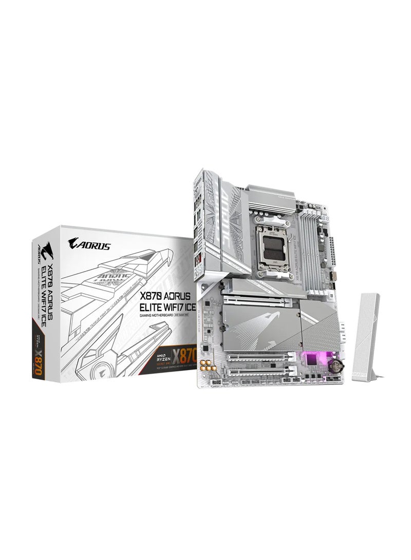 X870 AORUS ELITE WIFI7 ICE ATX Motherboard, AMD Socket AM5, Supports Ryzen™ 9000/8000/7000 Series, PCIe 5.0, 16+2+2 Phases VRM, 4x DDR5 DIMM (Up to 256GB), Wi-Fi 7 with 2.5GbE LAN, 4x M.2 Slots, USB4, HDMI 2.1, Realtek ALC1220 Audio, RGB Support, EZ-Latch Plus, M.2 Thermal Guard, Advanced Thermal Armor, EZ-Plug for Wi-Fi Antenna, Smart Fan & Water Cooling Control, Q-Flash Plus, Dual USB-C, Quad-Display Support, RAIDXpert Storage, and AMD EXPO/XMP Overclocking | X870 AORUS ELITE WIFI7 ICE White