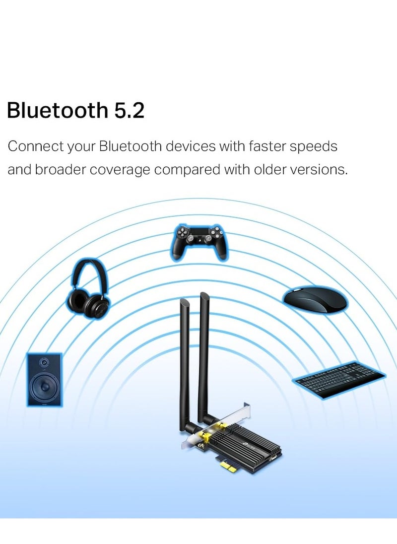 TP-Link Archer TX50E AX3000 Wi-Fi 6 Bluetooth 5.2 PCIe Adapter for PC with Heat Sink, MU-MIMO, Ultra-Low Latency, Supports Windows 11/10(64bit) Only, Two High-Gain Dual Band Antennas