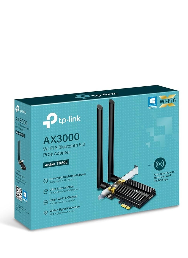 TP-Link Archer TX50E AX3000 Wi-Fi 6 Bluetooth 5.2 PCIe Adapter for PC with Heat Sink, MU-MIMO, Ultra-Low Latency, Supports Windows 11/10(64bit) Only, Two High-Gain Dual Band Antennas