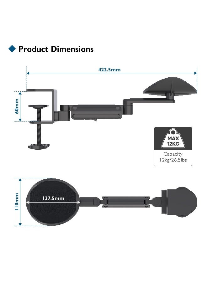 Computer Arm Rest for Desk, Ergonomic Arm Rest Support Extender for Desk Armrest Pad Rotating Elbow Rest Holder, Aluminum Extendable & Adjustable Arm Rest Holder (Black)