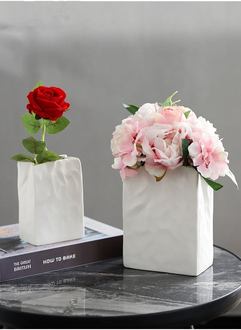 White Crinkle Paper Bag Ceramic Vase, Unique Square Wide Mouth Pleated Vases, Minimalist Boho Vase for Flower Arrangement Table Centerpiece Home Office Bookshelf Decor