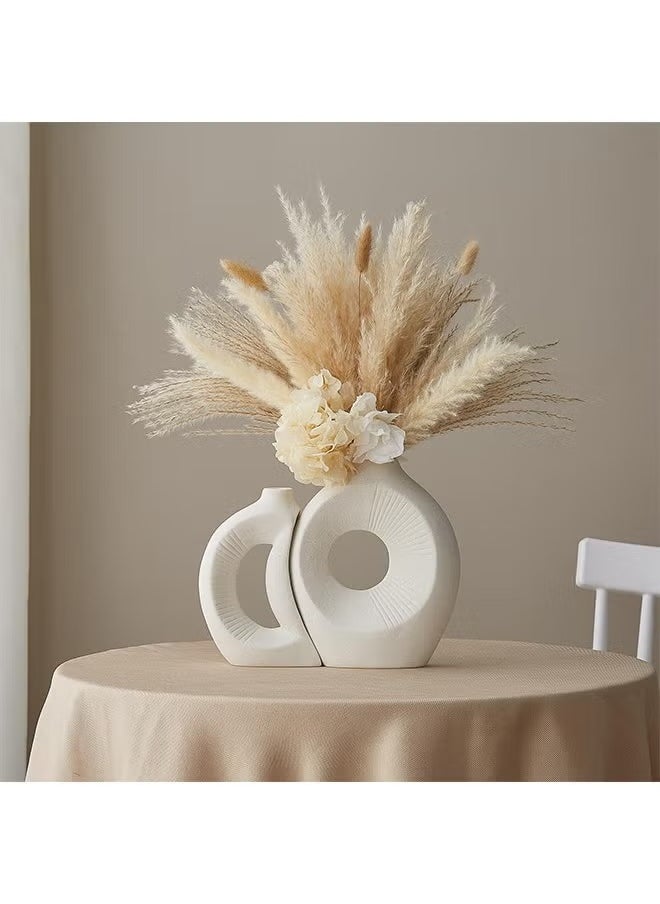 White Ceramic Vase Set of 2,Vase Set for Home Decor, Round Boho Vase for Pampas Grass and Flowers Decor, Modern Living Room, Bedroom, Fireplace, Farmhouse, and Centerpieces