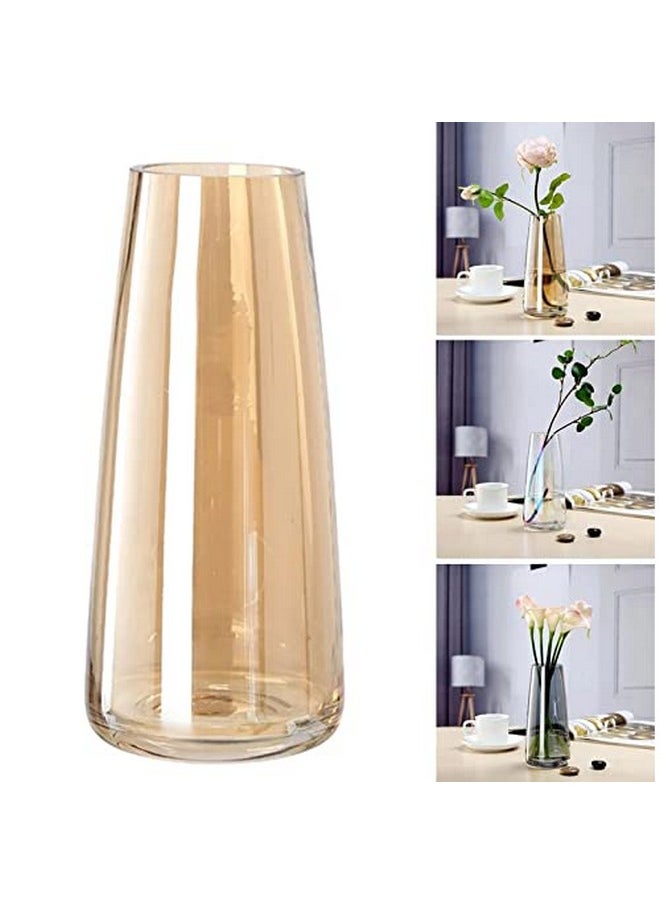 Tapered Glass Vase For Home Decor Round Shape Center Table Bedroom Living Room And Office Decoration (Pack Of 1, Amber) Luster Glass Vase, Decorative Vase