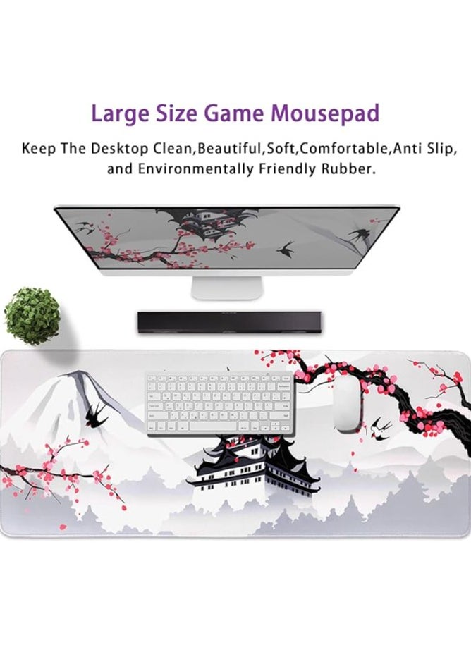 Japanese Cherry Blossom White Game pad, XXL Large Gaming Laptop Anime Mouse Pad, Stitched Edges Big Desk Pads, Extended PC Keyboard Waterproof and Non-Slip 31.06 x 11.8inches Rubber Table Mat