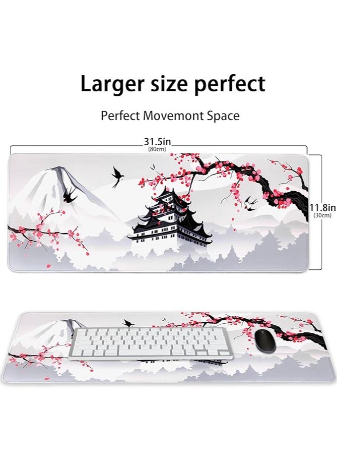 Japanese Cherry Blossom White Game pad, XXL Large Gaming Laptop Anime Mouse Pad, Stitched Edges Big Desk Pads, Extended PC Keyboard Waterproof and Non-Slip 31.06 x 11.8inches Rubber Table Mat